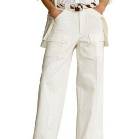 POLO RALPH LAUREN Wide Leg Pants Size 0 Ivory Cotton Blend Cargo Wear To Work - Picture 1 of 13